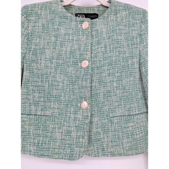 Zara Green Tweed Cropped Tailored Blazer Small Feminine Preppy Twee Classic - Picture 3 of 16